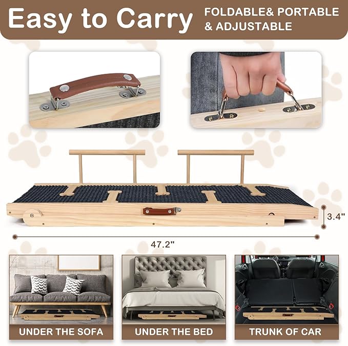 Dog Ramp for Bed Couch Extra Wide Folding Pet Ramps for Large Dogs to Get on Bed, Portable Doggie Steps 6 Adjustable Height 27.3”, 47.3" Long-PurrikoPets