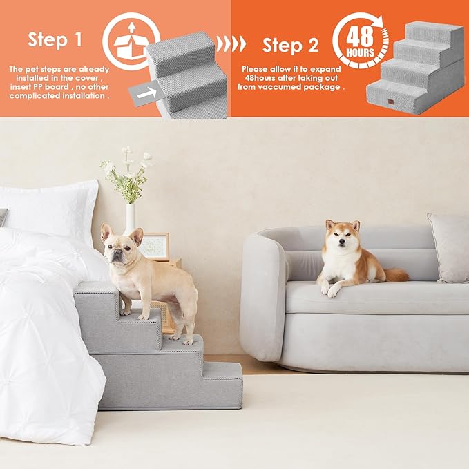 EHEYCIGA Dog Stairs for Bed 20" H, 4-Step Extra Wide Dog Steps for High Bed, Pet Steps for Small Dogs and Cats, Non-Slip Balanced Pet Ramp Indoor, Light Grey-PurrikoPets