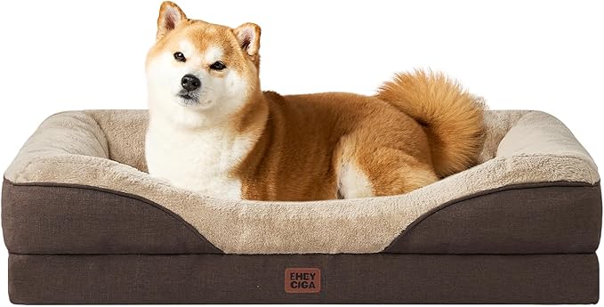 EHEYCIGA Memory Foam Dog Bed for Medium Size, Orthopedic Dog Sofa with Sides and Waterproof Liner, Washable Bolster Pet Couch with Removable Cover, 35x22x6.5 Inch, Brown-PurrikoPets