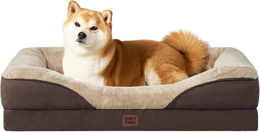 EHEYCIGA Memory Foam Dog Bed for Medium Size, Orthopedic Dog Sofa with Sides and Waterproof Liner, Washable Bolster Pet Couch with Removable Cover, 35x22x6.5 Inch, Brown-PurrikoPets