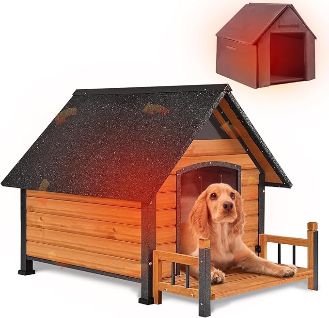 AIVITUVIN Outdoor Dog House Insulated Liner with Anti-Chewing Iron Surround Dog Kennel Dog Shelter Weatherproof (Brown, 45" D x 32.9" W x 32.6" H)-PurrikoPets