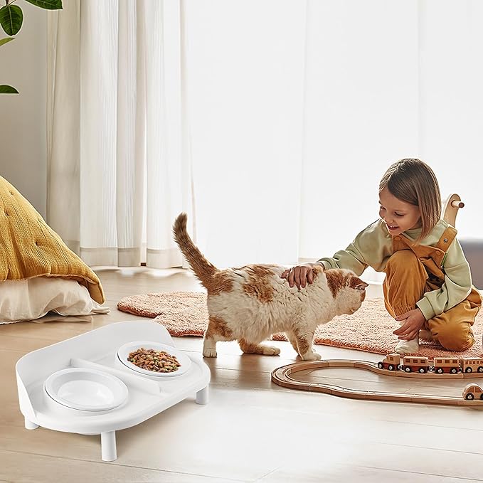 Elevated Cat Bowls, Tilted Rised Cat Food and Water Bowl with 2 Pcs Ceramic Pet Bowls, Rised Stand, Pet Dish Anti Vomiting Feeding Station for All Sized Cats & Small Dogs (White)-PurrikoPets