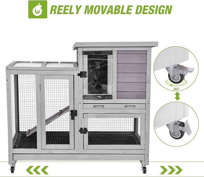2-Story Rabbit Hutch Indoor Bunny Cage Outdoor Guinea Pig House with Wire Mesh Floor, Leak-Proof Trays, Lockable Wheels for Rabbits, Guinea Pigs, 40.6" L x 26" W x 37.6" H-PurrikoPets