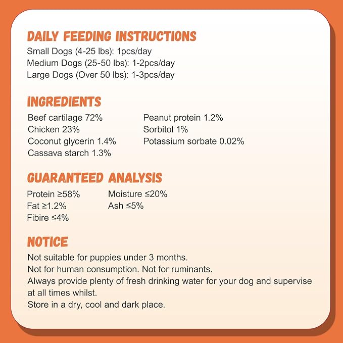 Dog Treats Chicken Wrapped Beef Cartilage w/Calcium Supplement, Long-Lasting Rawhide Free Grain Free Training Treats Snacks for Small Medium Large Dogs, 12 Counts, 10.6oz-PurrikoPets