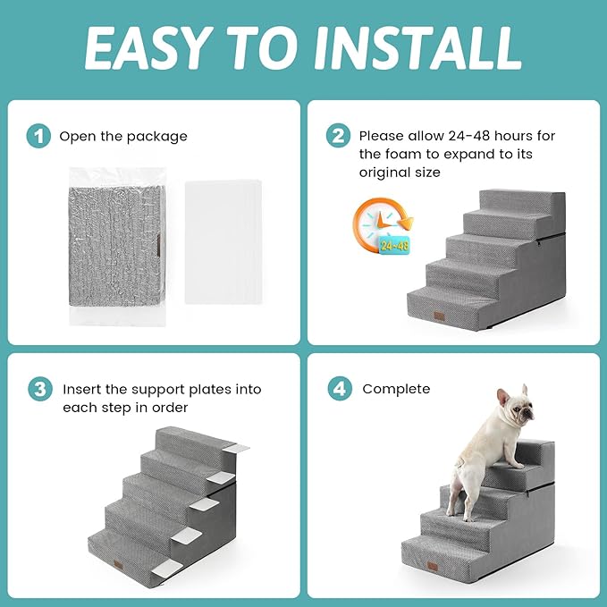 Dog Stairs for Small Dogs, 5 Tier Removable Wider Pet Stairs for Couch and Bed, 23.6" H Non-Slip Dog Steps for Puppies and Old Cats with Support Board, 29.5x19.7x23.6 inch, Grey-PurrikoPets