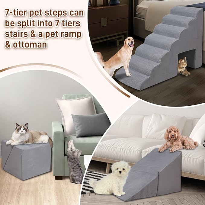 Dog Stairs & Steps for High Beds 30-36 inches High Tall, LitaiL 33inch 7 Steps Pet Stairs/Steps for High Beds Small Large Dogs, Non-Slip Dog Ramps/Ladder for Old Dogs/Cats-PurrikoPets