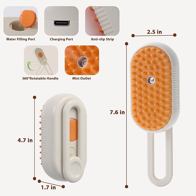 4 in 1 Cat Steam Brush, Rechargeable Steam Brush for Cats and Dogs, Anti-Static Cat Spray Brushes, Massage, Cleaning, Shedding & Combing All In One! Beige-PurrikoPets