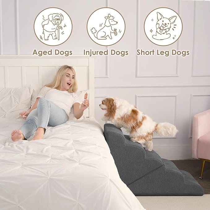 EHEYCIGA Curved Foldable Dog Stairs Ramp for High Beds 22.5" H, 5-Step Dog Steps for Small Dogs and Cats, Pet Stairs for High Bed Climbing, Non-Slip Balanced Pet Step Indoor, Grey-PurrikoPets