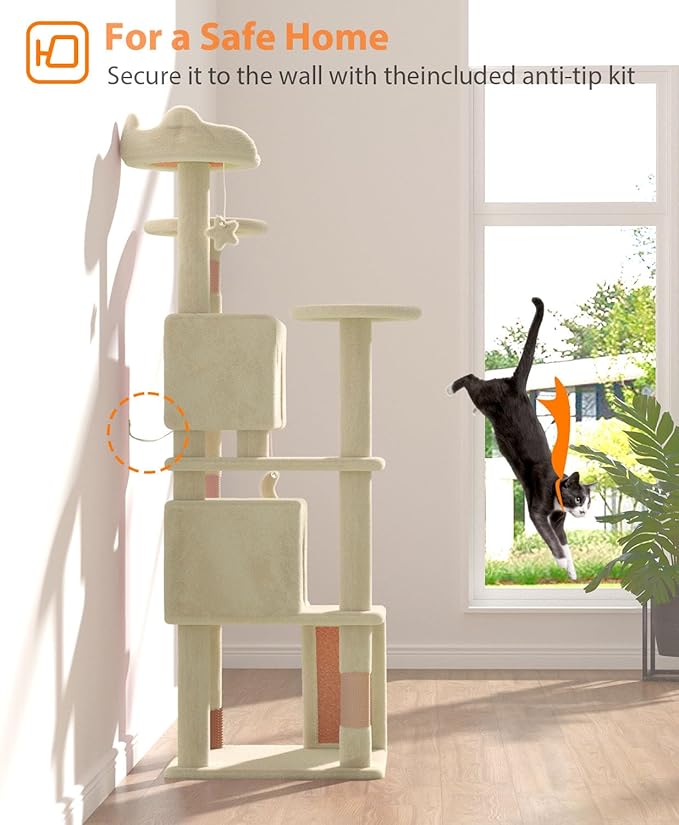 60'' Cat Tree Tower for Indoor Cats Large Adult,Cute/Tall Modern Cat Tree for Big Cats 20 lbs, Plush Multi-Level Cat Condo with Scratching Posts, Dangling Ball Indoor (Beige, 60 inch)-PurrikoPets