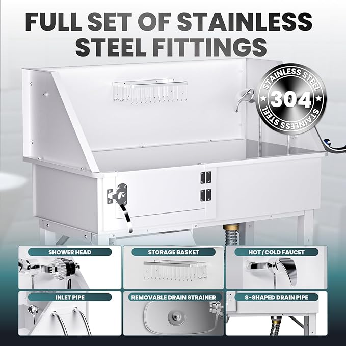 Dog Washing Station for Home, 38" White Professional Stainless Steel Dog Grooming Tub, Height Adjustable Dog Bathing Station, Upgrade Parts, Dog Bath Tubs for Small & Medium Dogs(Left Ramp)-PurrikoPets