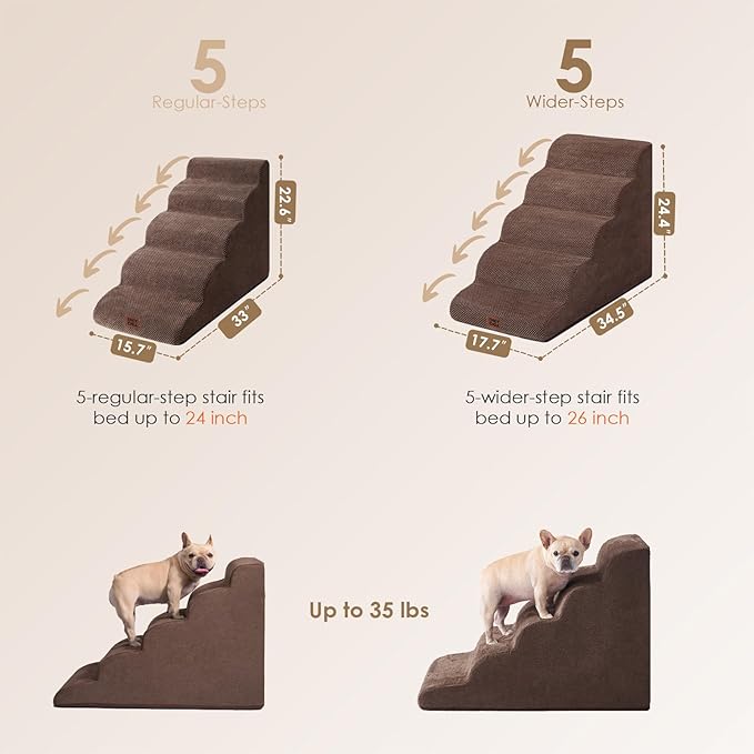 EHEYCIGA Curved Dog Stairs Ramp for High Beds, 5-Step Extra Wide Dog Steps for Small Dogs and Cats, Pet Stairs for High Bed Climbing, Non-Slip Balanced Pet Step Indoor, Brown-PurrikoPets