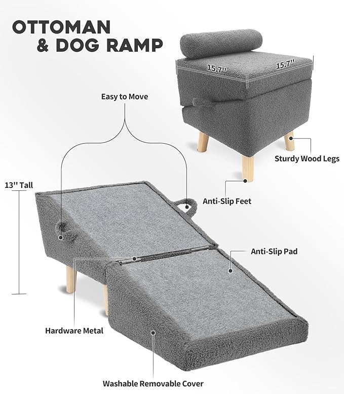 Dog Stairs for Small Dogs and Cats – 2-in-1 Dog Ramp for Bed and Couch, 16.5'' Foldable Wooden Pet Steps, Sturdy Multi-Use Split Ottoman Design, Dark Grey-PurrikoPets