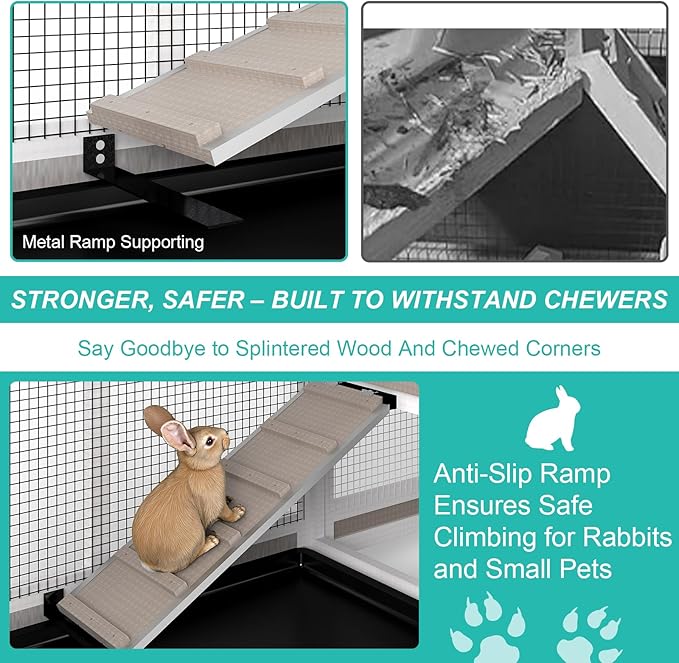 2-Tier Rabbit Hutch with Wheels, Indoor & Outdoor Small Animal Cage with Deep Pull-Out Tray, Anti-Chew Frame, Habitat for Bunny, Guinea Pig, Chinchilla (60" L x 19" W x 35" H)-PurrikoPets