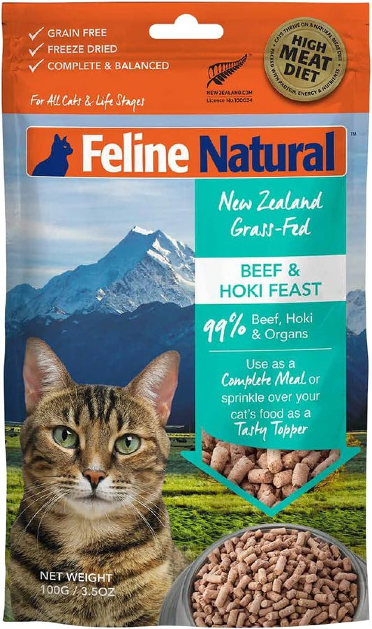 Feline Natural High Protein Dry Cat Food, Freeze-Dried Diet with 98% Meat, Organs & Seafood, No Peas, Grains, or Artificial Additives, Made in New Zealand Beef & Hoki, 3.5oz-PurrikoPets