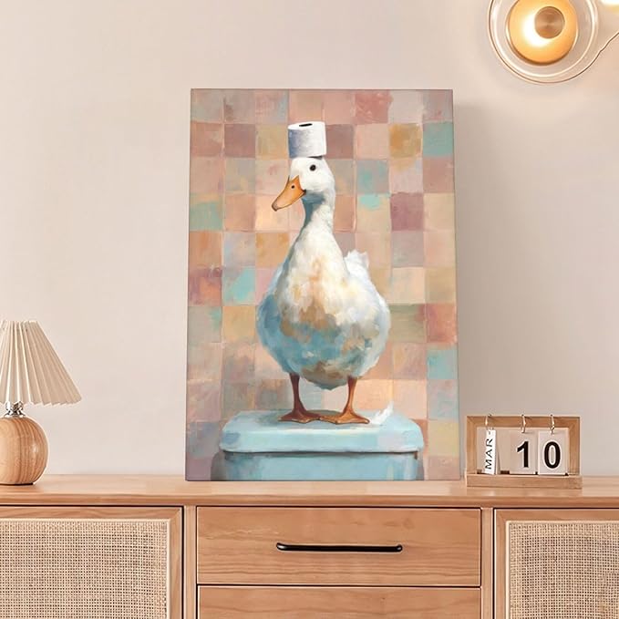 Funny Duck Bathroom Wall Art Cute Duck on Toilet Canvas Wall Decor Funny Quirky Farm Animal Pictures Painting Print Framed Artwork Decorations Gifts for Bathroom 16"x24"-PurrikoPets
