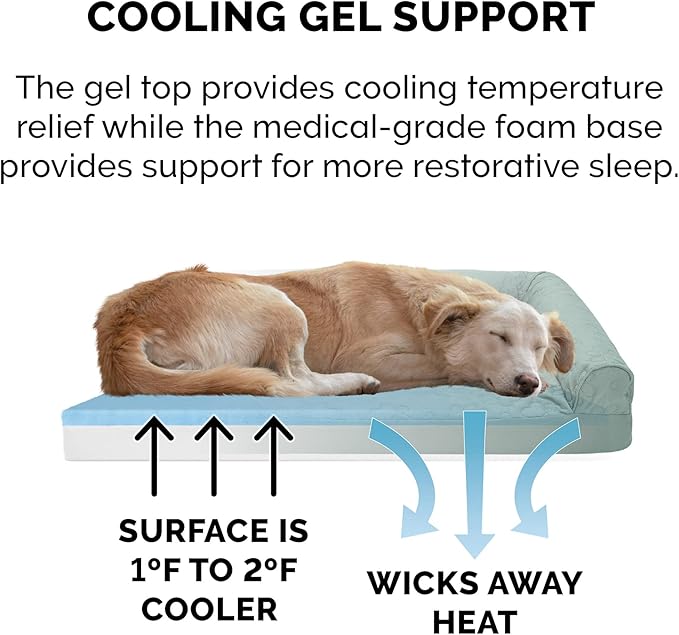 Furhaven Cooling Gel Dog Bed for Large Dogs w/ Removable Bolsters & Washable Cover, For Dogs Up to 95 lbs - Pinsonic Quilted Paw L Shaped Chaise - Iceberg Green, Jumbo/XL-PurrikoPets