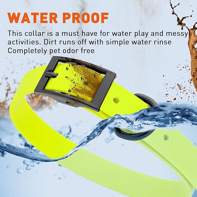 Dogline Biothane Waterproof Dog Collar Strong Coated Nylon Webbing with Black Hardware Odor- Proof for Easy Care Easy to Clean High Performance Fits Small Medium or Large Dogs, Safety Yellow-PurrikoPets