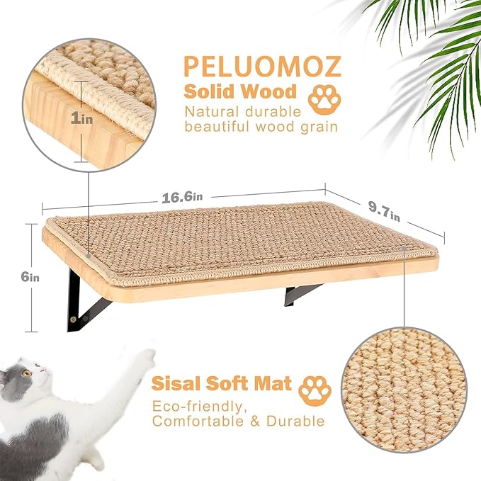 2PCS Cat Wall Shelves with Scratching Mat, 16.6x9.7 Inch Large Cat Wall Hammock Cats Furniture Shelf Window Perch Wall Mounted Beds for Household Pets Sleeping, Playing, Climbing-PurrikoPets