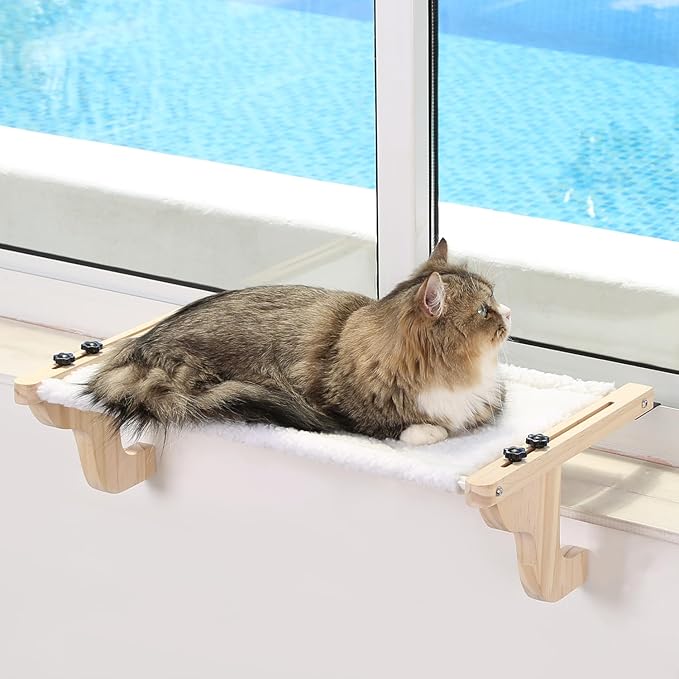 Easy Seat Cat Perch for Window Sill - Hammock Design w/Pine Wood & Robust Metal Frame - Cat Window Seat for Large Cats and Kittens (Natural Color Wood w/White Bed, Medium (23''W x 14''D))-PurrikoPets