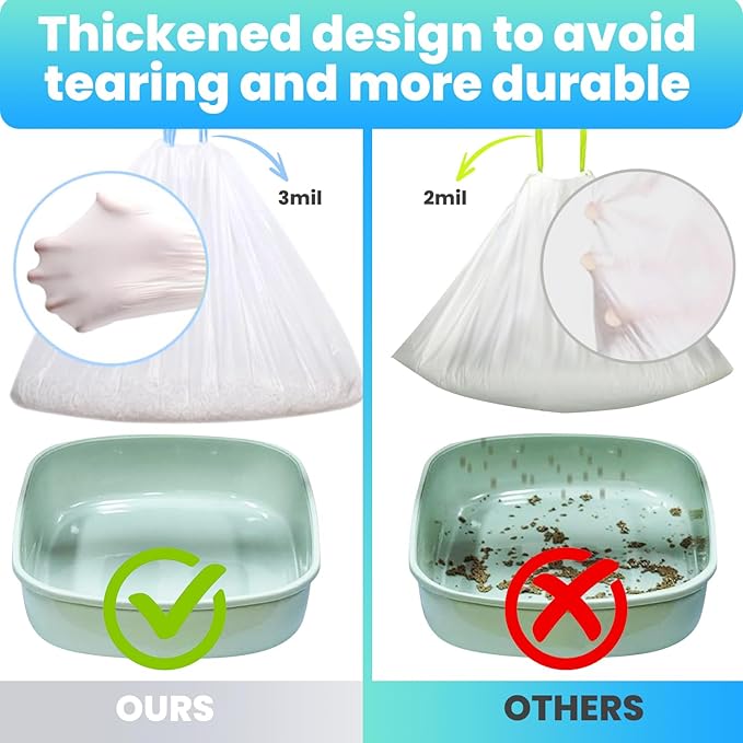 60 Pack Jumbo Cat Litter Bags - 3MIL Extra Thick Leakproof Litter Box Liners, 37"x18" Heavy Duty Drawstring Cat Litter Liners for Automatic Litter Box, Odor Control Disposable Kitty Litter Bags 6 Roll-PurrikoPets