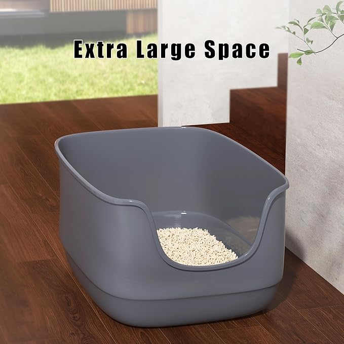 Gefryco Large Cat Litter Box with High Sided 24.6"x18.3"x12.2" - Jumbo Extra Large Open Anti - Splashing High Wall for Multiple Cats (Grey)-PurrikoPets