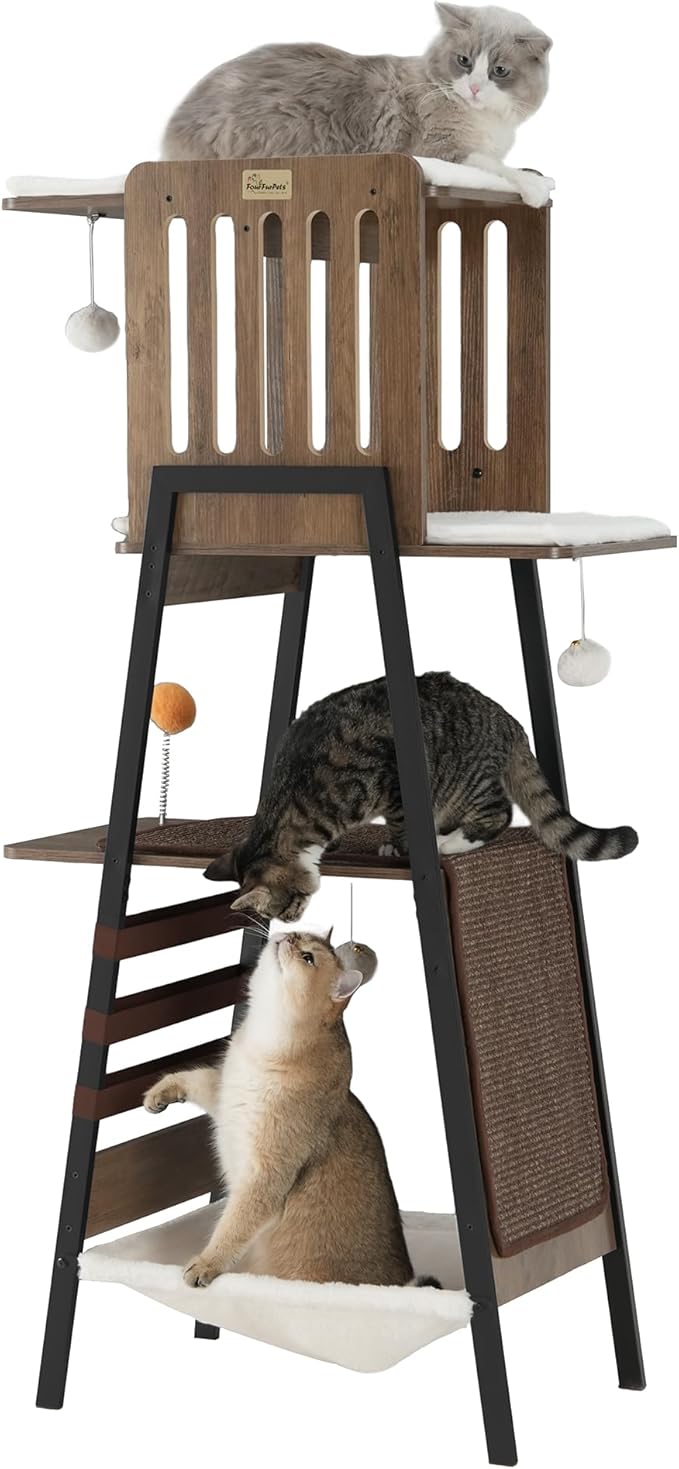 FourFurPets Modern Cat Tree, 58-Inch Cat Tower for Large Cats, Maine Coon Cat Tree with Scratching Board, Large Perch, Hammock and Removable Pads, Greige-PurrikoPets