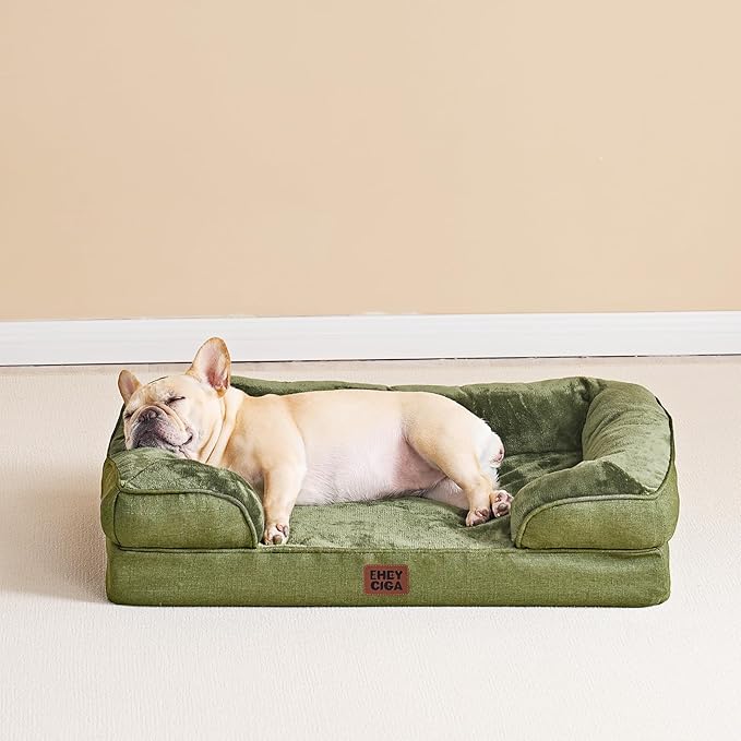 EHEYCIGA Orthopedic Dog Bed for Small Dogs, Waterproof Memory Foam Small Pet Beds with Sides, Non-Slip Bottom and Egg-Crate Foam Medium Dog Couch Bed with Washable Removable Cover, Olive Green-PurrikoPets