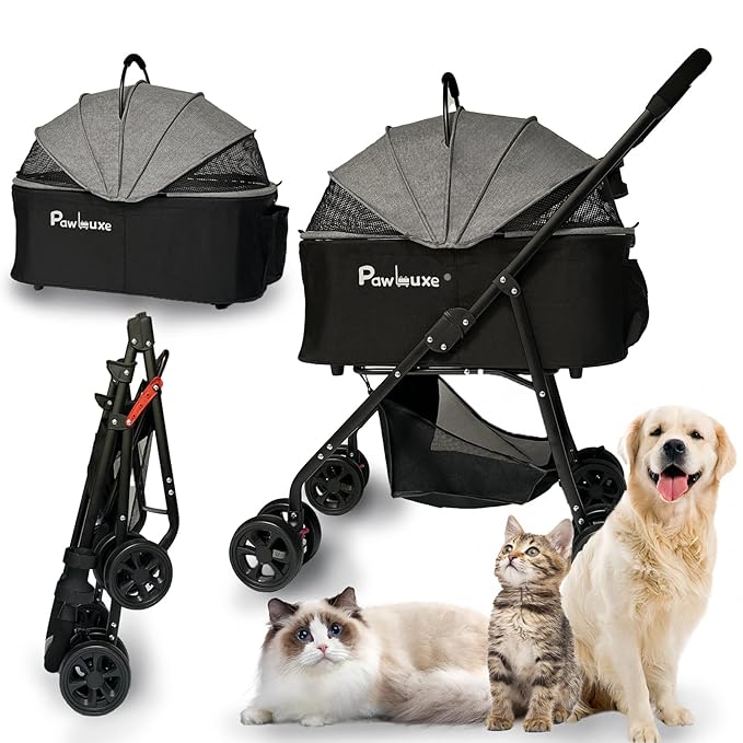 4 Wheels Pet Stroller 4 in 1 Pet Stroller with Detachable Carrier for Small & Medium Dogs Cats up to 55 lbs Easy-Folding Travel Dog Wagon with Car Seat Breathable Mesh,Gray-PurrikoPets