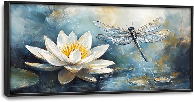 Extra Large Lotus Dragonfly Framed Wall Art for Living Room,Abstract Blue Lotus Flower Lake Pictures Wall Decor,Nature Canvas Print Painting Modern Artwork Bedroom Office Bathroom 60L" x 30W"-PurrikoPets