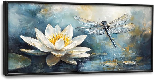 Extra Large Lotus Dragonfly Framed Wall Art for Living Room,Abstract Blue Lotus Flower Lake Pictures Wall Decor,Nature Canvas Print Painting Modern Artwork Bedroom Office Bathroom 60L" x 30W"-PurrikoPets
