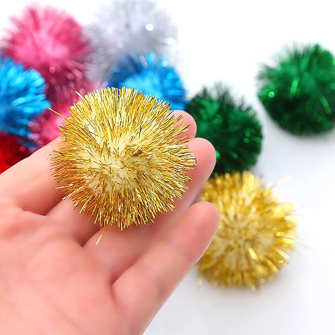 20 Pack 2 Inches Sparkle Balls for Cats, Large Size, Glitter Pom Poms Fuzzy Balls for Cats, Kitten Indoor Assorted Color Random-PurrikoPets