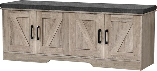 2-Tier Storage Bench, Shoe Bench with Padded Seat Cushion, Entryway Bench with 4 Barn Doors, Adjustable Shelf, 13.8" D x 47.2" W x 17.7" H, for Entryway, Living Room, Bedroom, Greige-PurrikoPets