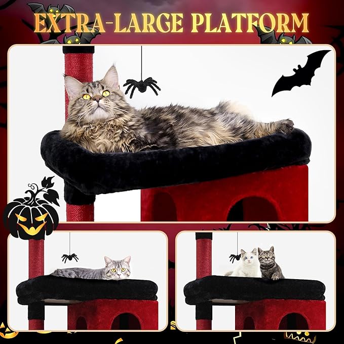 Globlazer Heavy Duty Gothic Cat Tree, 72in Large Cat Tower with Coffin Bed, Sturdy Maine Coon Cat Tree for Large Cats 20 lbs+, Medieval Castle Style with 6 Scratching Posts & Hammock, S72, Black & Red-PurrikoPets