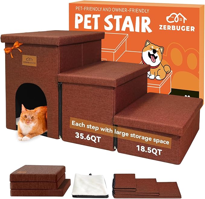 Dog Stairs with Condo 18" H, 3-Step Wider Dog Steps for High Beds Couch, Folding Storage Pet Stairs Gift for Small/Medium/Large Old Dogs Cats, Ramp for Climbing Car Up to 200 lbs, Brown-PurrikoPets