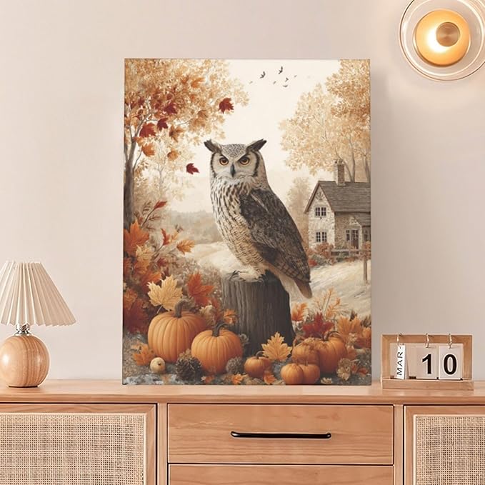 Fall Owl Wall Art Autumn Pumpkin Leaves Wall Decor Rustic Canvas Print Farmhouse Pictures Painting Print Framed Artwork Decorations Gifts for Living Room Bathroom Bedroom Office 12"x16"-PurrikoPets
