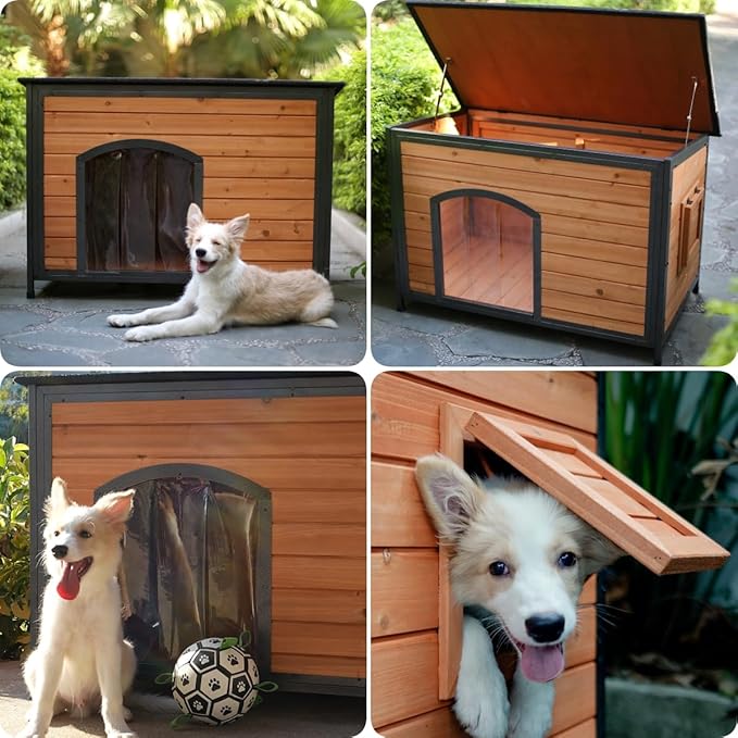 Dog House Outdoor Weatherproof 34.3" L Chew Proof Outside Dog Kennel for Small Medium Dogs with Strong Metal Chew Proof Frame Raised Design-PurrikoPets