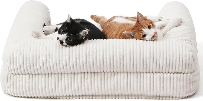 FUKUMARU Dog Couch Bed, Corduroy Cozy Cat Bed for Indoor Cats with Washable Cover, Supportive Waterproof Dog Beds Sofa for Small Dogs and Large Cats Cute, 28inch, Medium, Cream-PurrikoPets