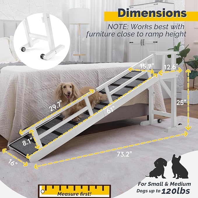 Dog Ramp for Bed or Couch, Wooden Pet Ramp with 20° Gentle Slope, Removable Side Rails, Non-Slip Surface, Top Platform & Wheels, Safe Bed Ramp for Small, Medium & Senior Dogs, 74" Long, White-PurrikoPets