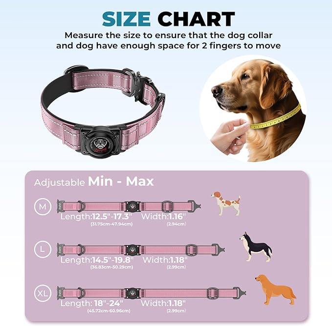 2025 Upgrade Airtag Dog Collar, Reflective Dog Collar with Airtag Holder, IP68 Waterproof| Metal Buckle| Ultra-Durable| Comfortable Padded, GPS Dog Collars for Medium Large Dogs (Pink,L)-PurrikoPets