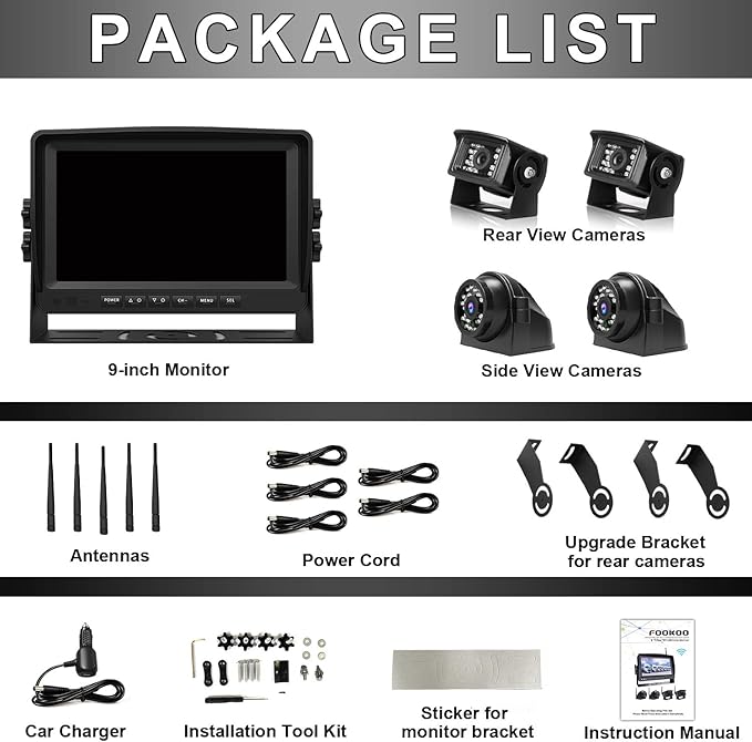 Fookoo HD 1080P 9" Wireless Backup Camera System, 9-inch Quad Split Screen Monitor w/Recording, IP69 Waterproof Side View Rear View Cameras, Digital Signal, Parking Lines for RV/Truck/Trailer (DW9T4)-PurrikoPets