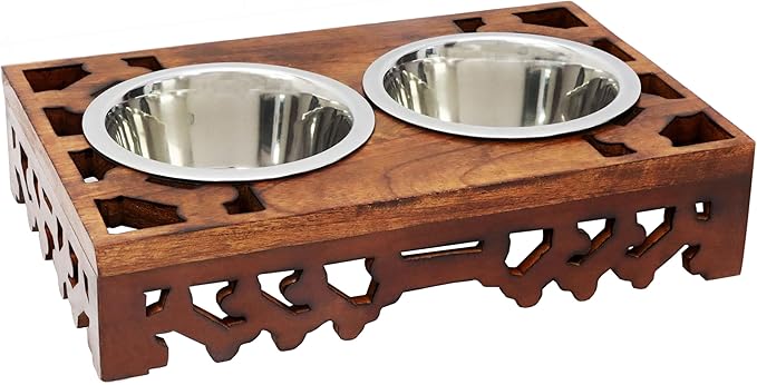 Elevated Pet Feeder for Dogs and Cats - Hand Carved Wood Bones Raised Dog Bowl Stand - Pet Feeding Stand with Two Steel Bowls - Raised Dog Bowl for Food Water - Pet Feeding Station -17x11x4- IRONGATE-PurrikoPets