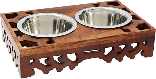 Elevated Pet Feeder for Dogs and Cats - Hand Carved Wood Bones Raised Dog Bowl Stand - Pet Feeding Stand with Two Steel Bowls - Raised Dog Bowl for Food Water - Pet Feeding Station -17x11x4- IRONGATE-PurrikoPets