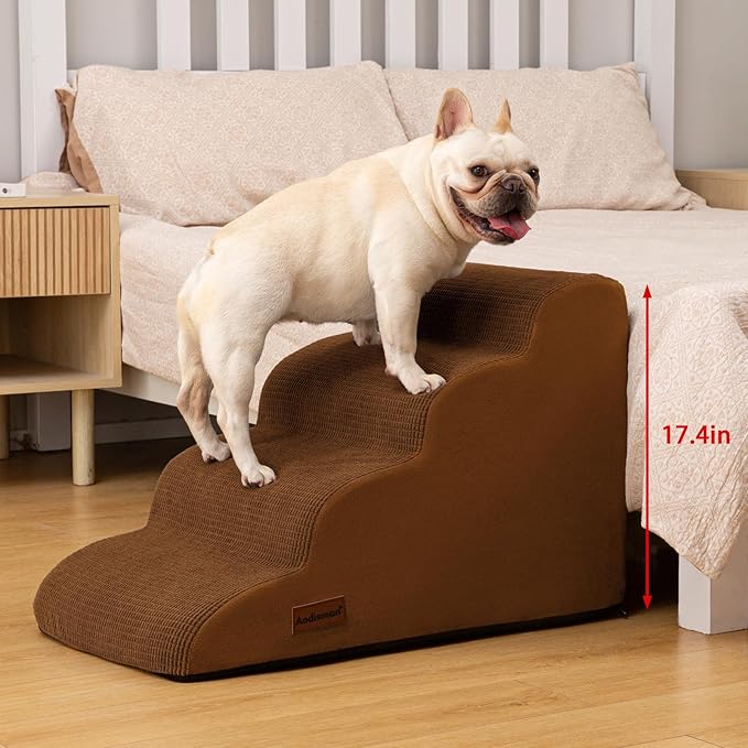 4-Step Dog Stairs and Ramp for Beds or Couches – Non-Slip Sturdy Pet Steps for Small Dogs and Cats,17.4" H,Brown-PurrikoPets