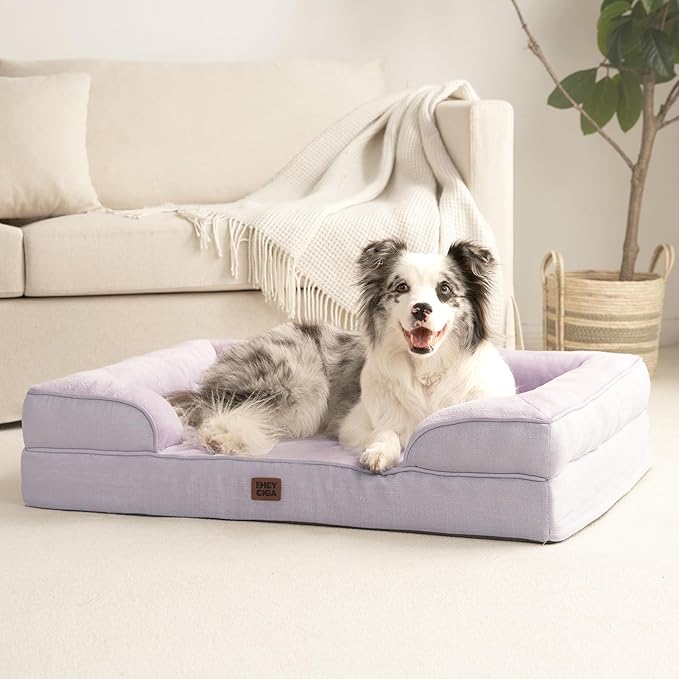 EHEYCIGA Orthopedic Dog Beds for Large Dogs, Waterproof Memory Foam Large Dog Bed with Sides, Non-Slip Bottom and Egg-Crate Foam Pet Couch Bed with Washable Removable Cover, Lilac-PurrikoPets