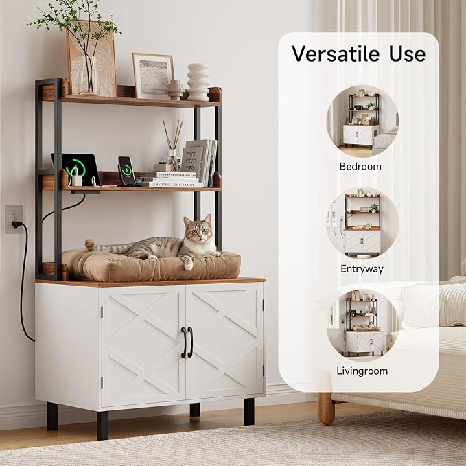 55 Inches Cat Litter Box Enclosure, Hidden Litter Box Furniture with 2 Storage Shelves and Charging Sockets, Wooden Cat House, Large Indoor Cabinet for Living Room & Entryway, White-PurrikoPets