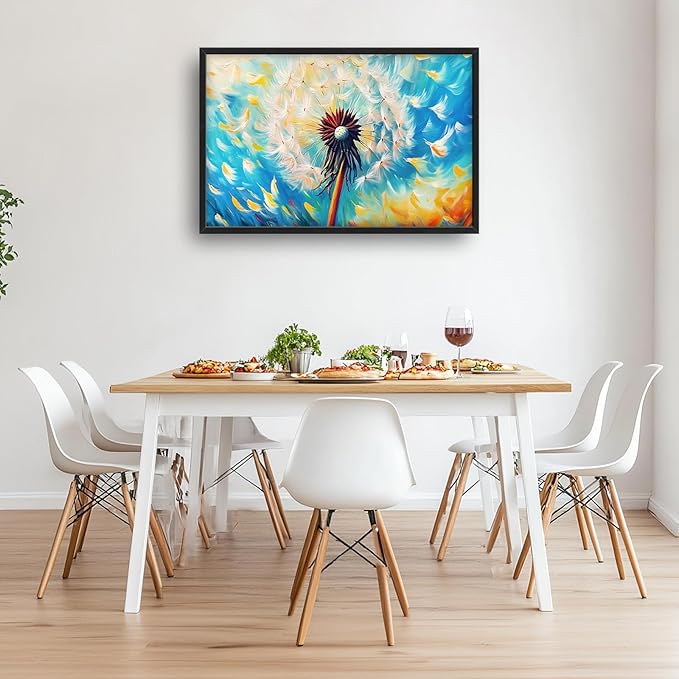 Extra Large Abstract Dandelion Framed Wall Art for Living Room,Oversized Colorful Dandelion Flower Pictures Wall Decor,Blue Canvas Print Painting Modern Artwork Bedroom Office Bathroom 36L" x 24W"-PurrikoPets