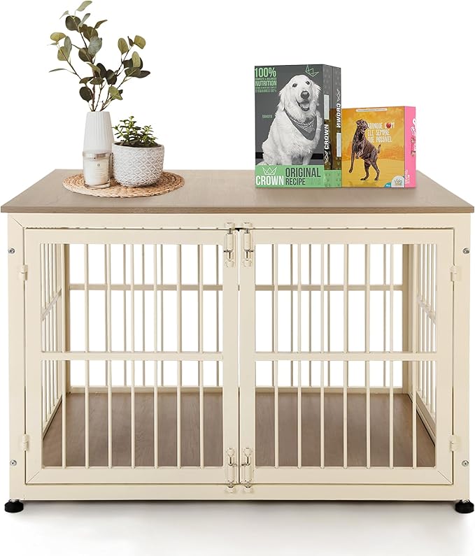 32 Inch Heavy Duty Dog Crate Furniture for Medium and Small Dogs, Decorative Pet House End Table, Wooden Cage Kennel Furniture Indoor with Double Doors, Sturdy Dog Cage for Anxiety Dog-PurrikoPets