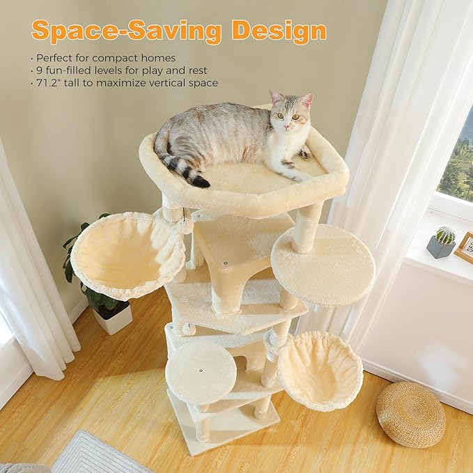 71.2" Tall Cat Tree for Indoor Cats - 9-Level Multi-Cat Tower w/5 Sisal Scratching Posts, 2 Condos, 3 Hammocks, Perch & Pom Poms - Heavy-Duty for Adult Cats, Space-Saving Plush Beige-PurrikoPets