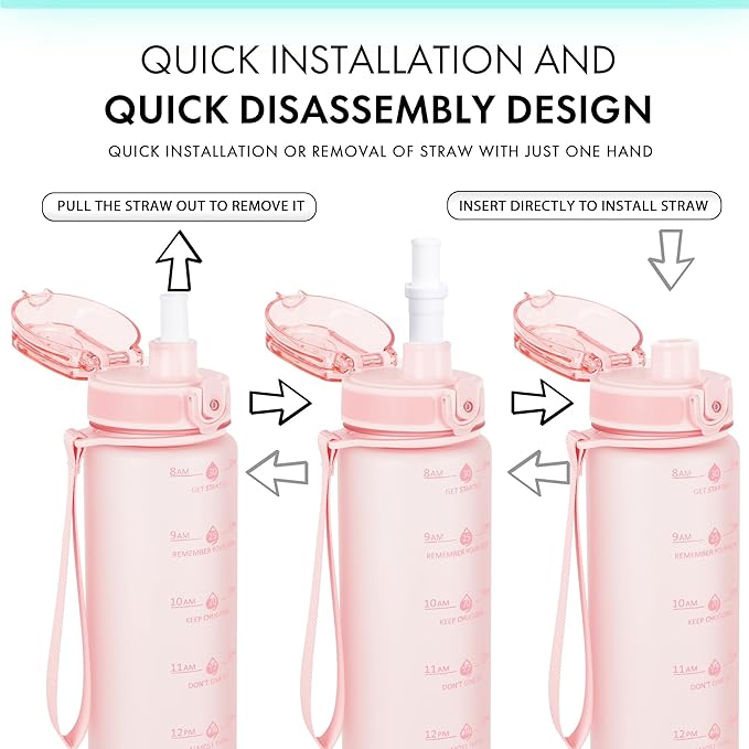 32oz Motivational Water Bottles with Time Marker & Fruit Strainer, Transparent Gradient Color Water Bottle with Times to Drink, Leakproof & BPA Free, Reusable Bottle with Strap (No Straw)-PurrikoPets