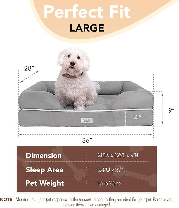 Friends Forever Large Dog Bed, Orthopedic Pet Sofa Memory Foam Mattress, Calming Dog Couch, Wall Rim Pillow, Water Resistant Liner, Washable Cover, Non-Slip Bottom, Chester, Large Grey-PurrikoPets